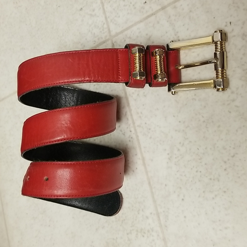 Vintage Genuine Leather Red Belt with Gold Tone Hardware